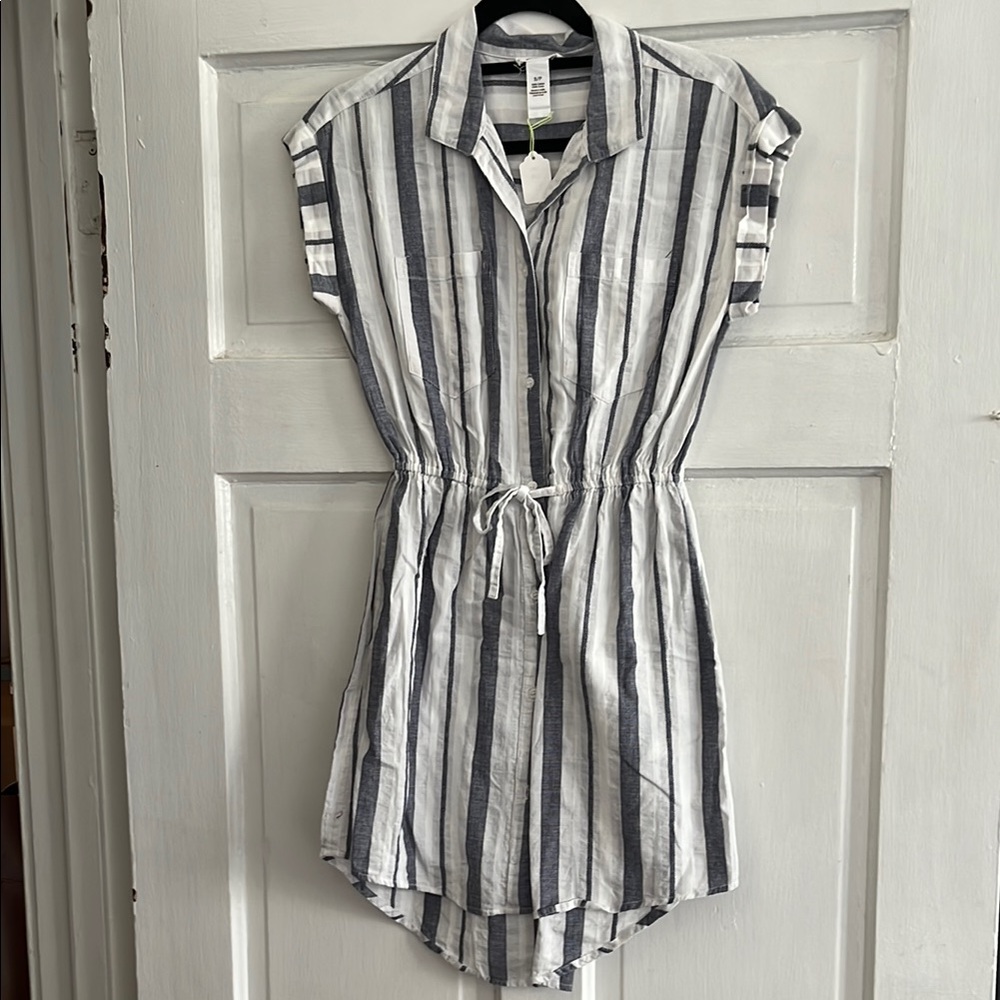 Striped Drawstring Shirt Dress - White & Navy